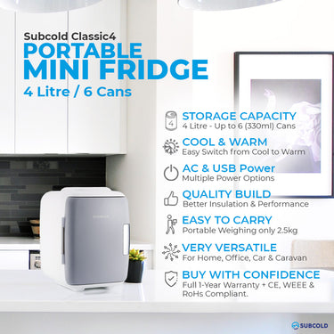 Subcold Classic 4L grey mini fridge features infographic